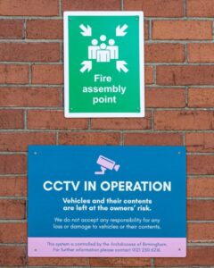 Health and safety external signage for Catholic school in Stoke-on-Trent
